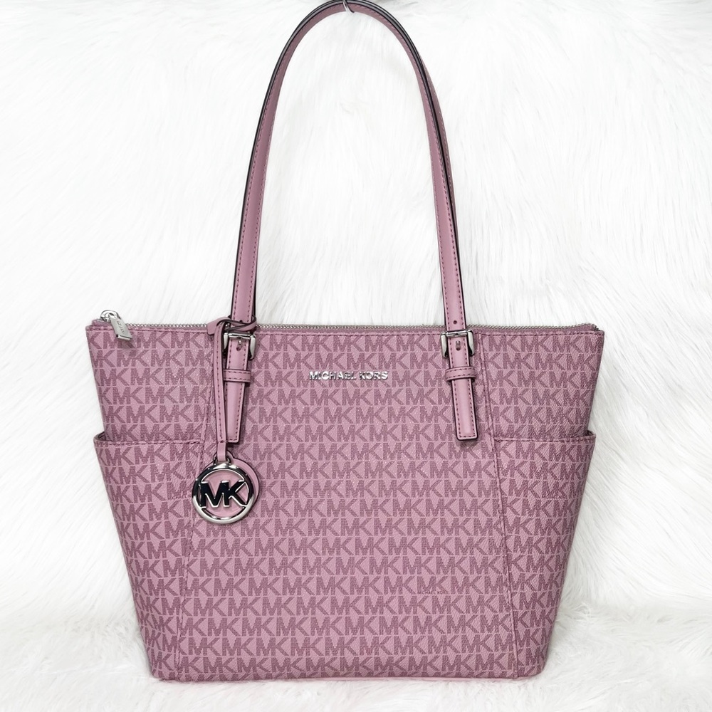 SOLD-Michael Kors Pink MK Logo Zip Top Shoulder Jet Set East West Tote Bag Med - Picture 1 of 9